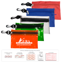28 Piece Multi-Bandage First Aid Kit in Supersized Zipper Pouch Components inserted into Zipper Pouch